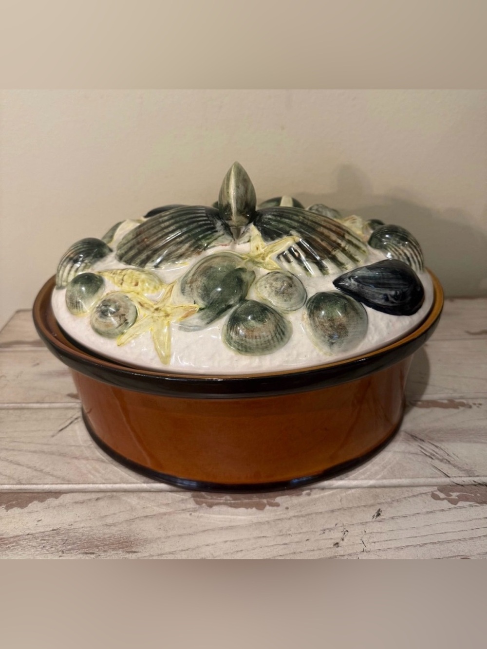 Vtg Secla Portugal Majolica Shellfish Tureen Seashell Casserole Dish Oval Large